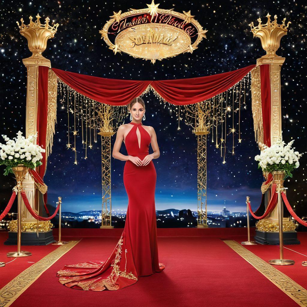 A glamorous red carpet scene filled with dazzling celebrities dressed in exquisite attire, posing for photos amidst twinkling lights and a starry night sky overhead. The backdrop features an ornate awards stage with golden accents and vibrant banners. Captivate the essence of stardom, elegance, and celebration. super-realistic. vibrant colors. evening atmosphere.