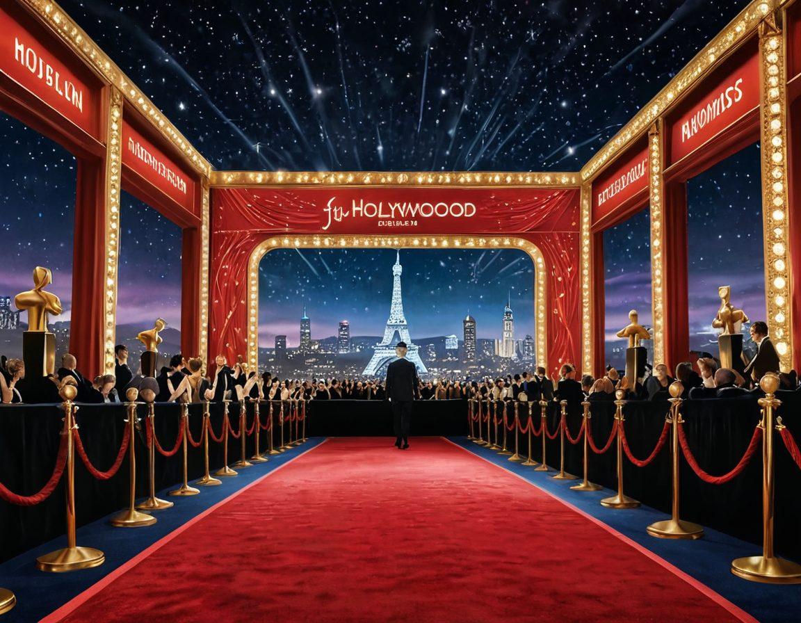 A glamorous red carpet scene with shimmering lights and a crowd of excited fans. Key elements include a diverse array of celebrities dressed in stunning outfits, holding awards, and posing for cameras. Background features Hollywood-style billboards showcasing the journey of star accolades. The atmosphere should be vibrant and celebratory, capturing the essence of entertainment honors. super-realistic. vibrant colors. 3D.