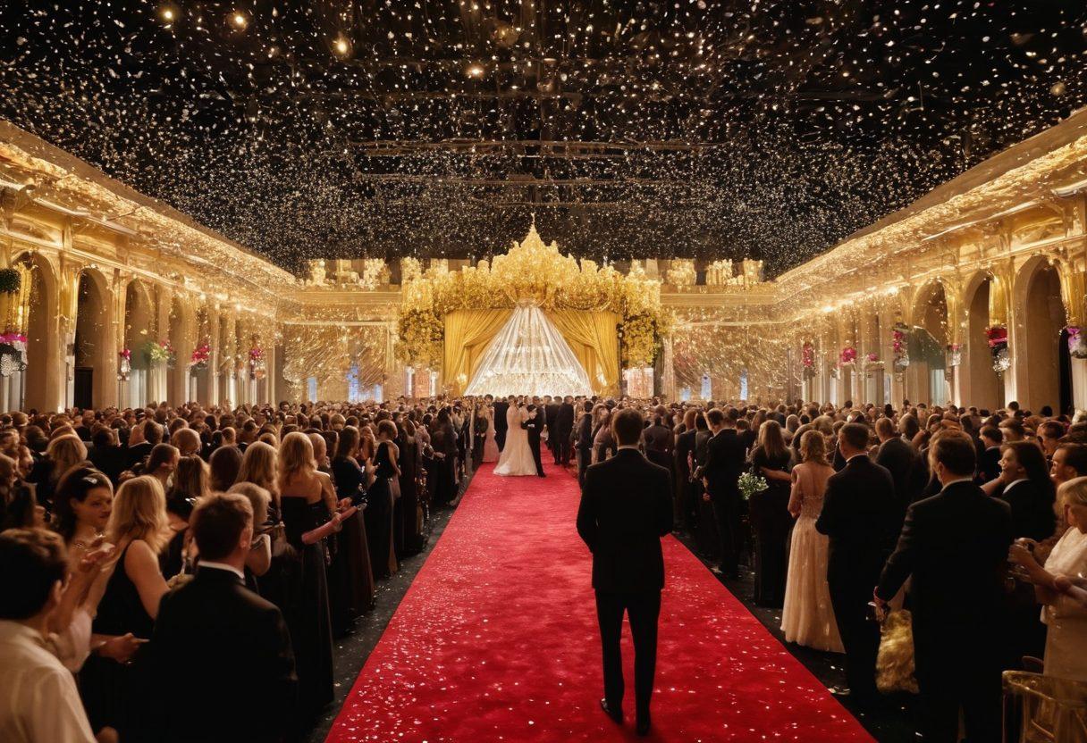 A dazzling scene capturing the essence of award shows, featuring elegantly dressed attendees in glamorous gowns and tuxedos. Bright spotlights illuminating a red carpet, adorned with a backdrop of glitzy decorations and photographers capturing the moment. Incorporate elements of fame, such as golden statuettes and sparkling confetti falling from above. The atmosphere radiates excitement and prestige. super-realistic. vibrant colors. luxury setting.